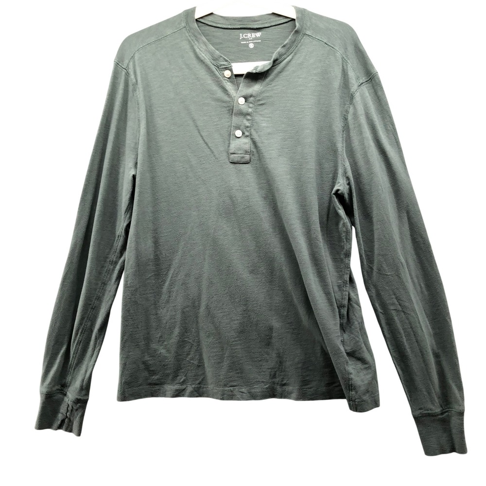 J.Crew Henley‎ Shirt Mens M Green Long Sleeve Cotton Casual Travel Slub Jersey